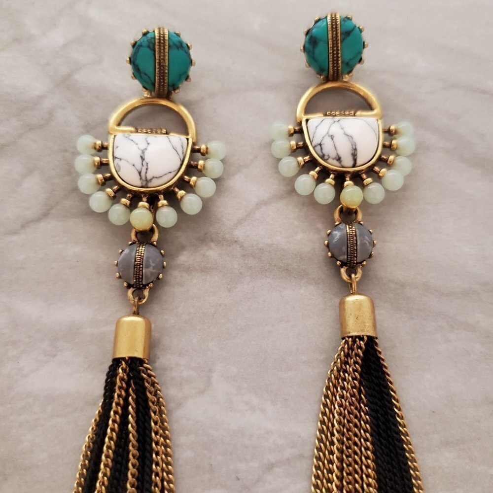 ✨ Stella and Dot Turquoise Marble Chain Tassel Totem Statement Earrings ✨ - Picture 4 of 11